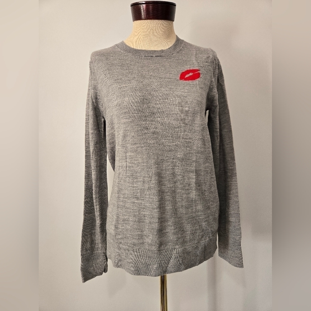 BANANA REPUBLIC 100% Merino Wool Gray Sweater with Red Lip Detail. Med - Picture 2 of 14